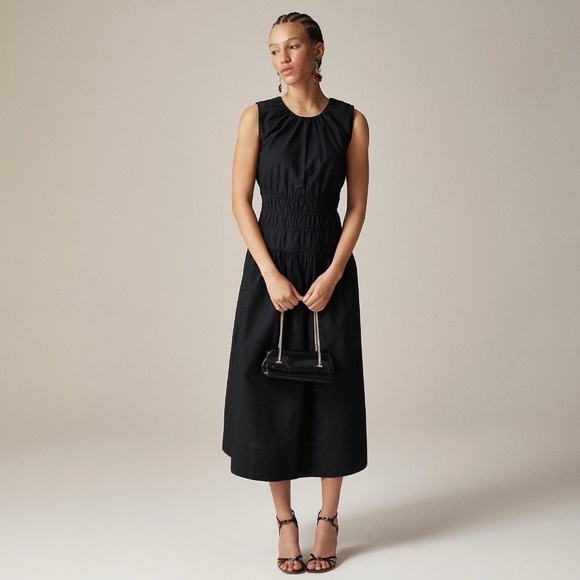 NWT!! J. CREW Hyacinth Dress Smocked Cotton Poplin Black Midi Pockets Small Tall - Picture 1 of 16